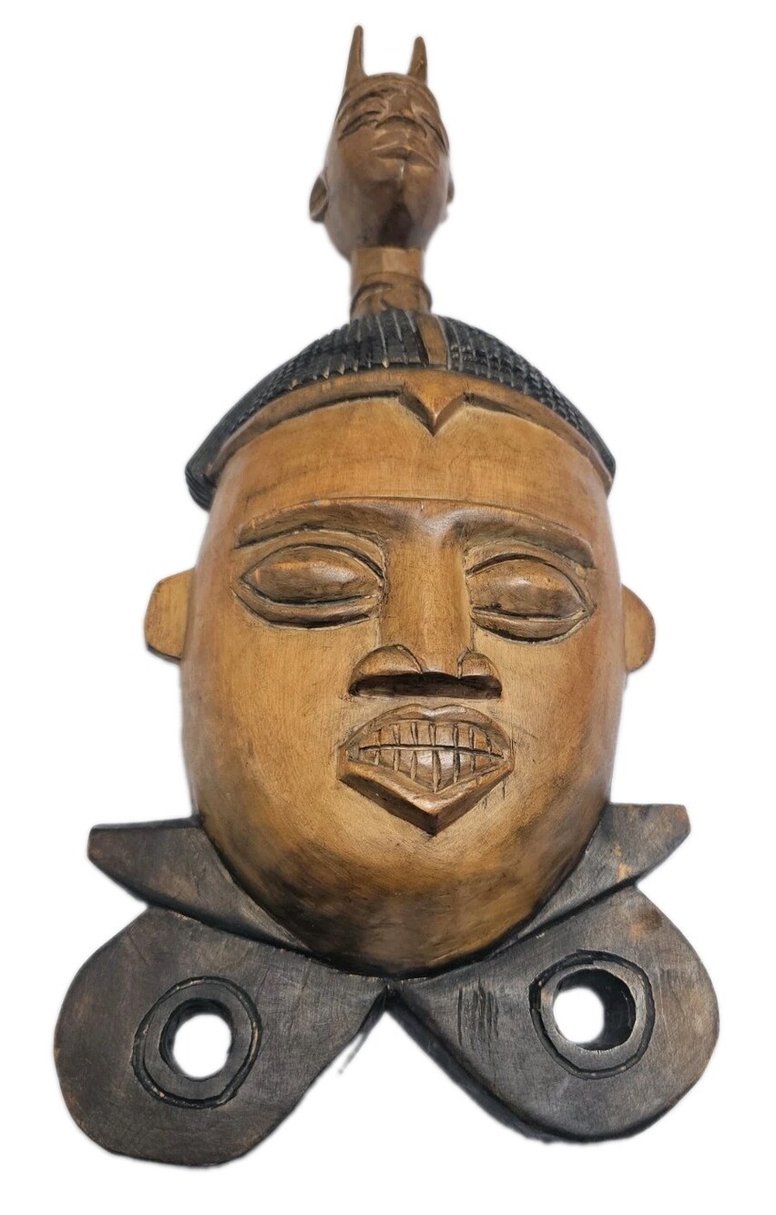 Vintage African Carved Wood Mask Double Face Figure Tribal Wall Art 22”